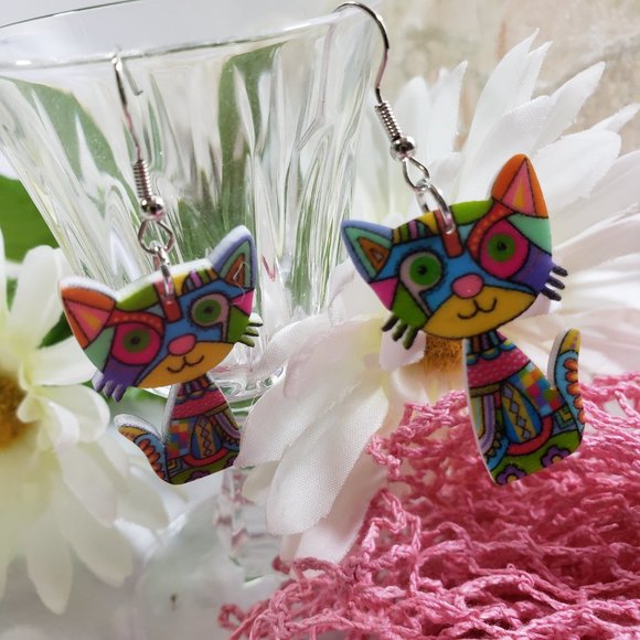 Picasso like kitty Earrings Multi-color Earwire - Picture 3 of 6